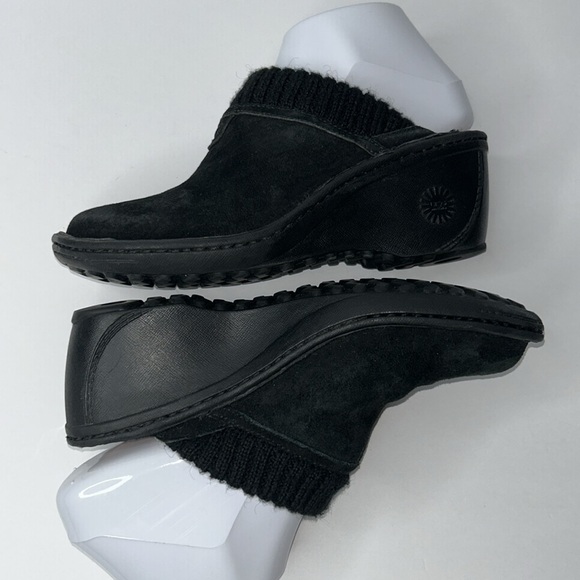 UGG Australia Gael Black Suede Clogs Wedge Heel Sheepskin Shearling Mules Sz 6 - Picture 4 of 17